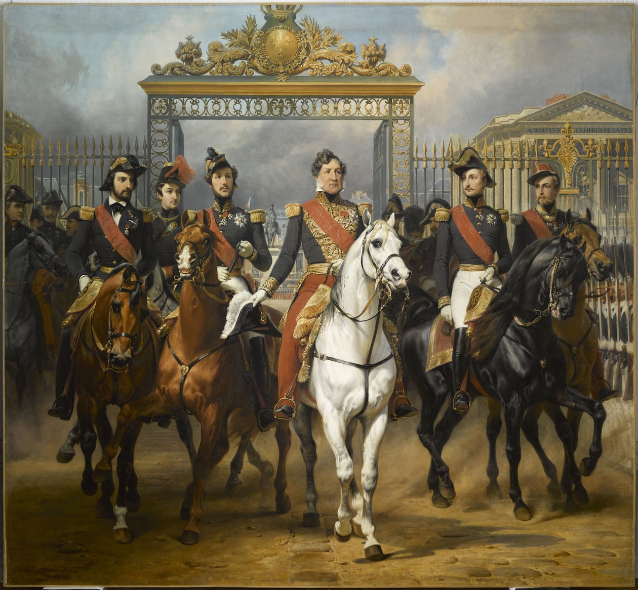 O Rei Louis-Philippe rodeado pelos seus cinco filhos a sair pelos portões principais do Château de Versailles após uma revista militar nos pátios, 10 de junho de 1837. de Horace Vernet