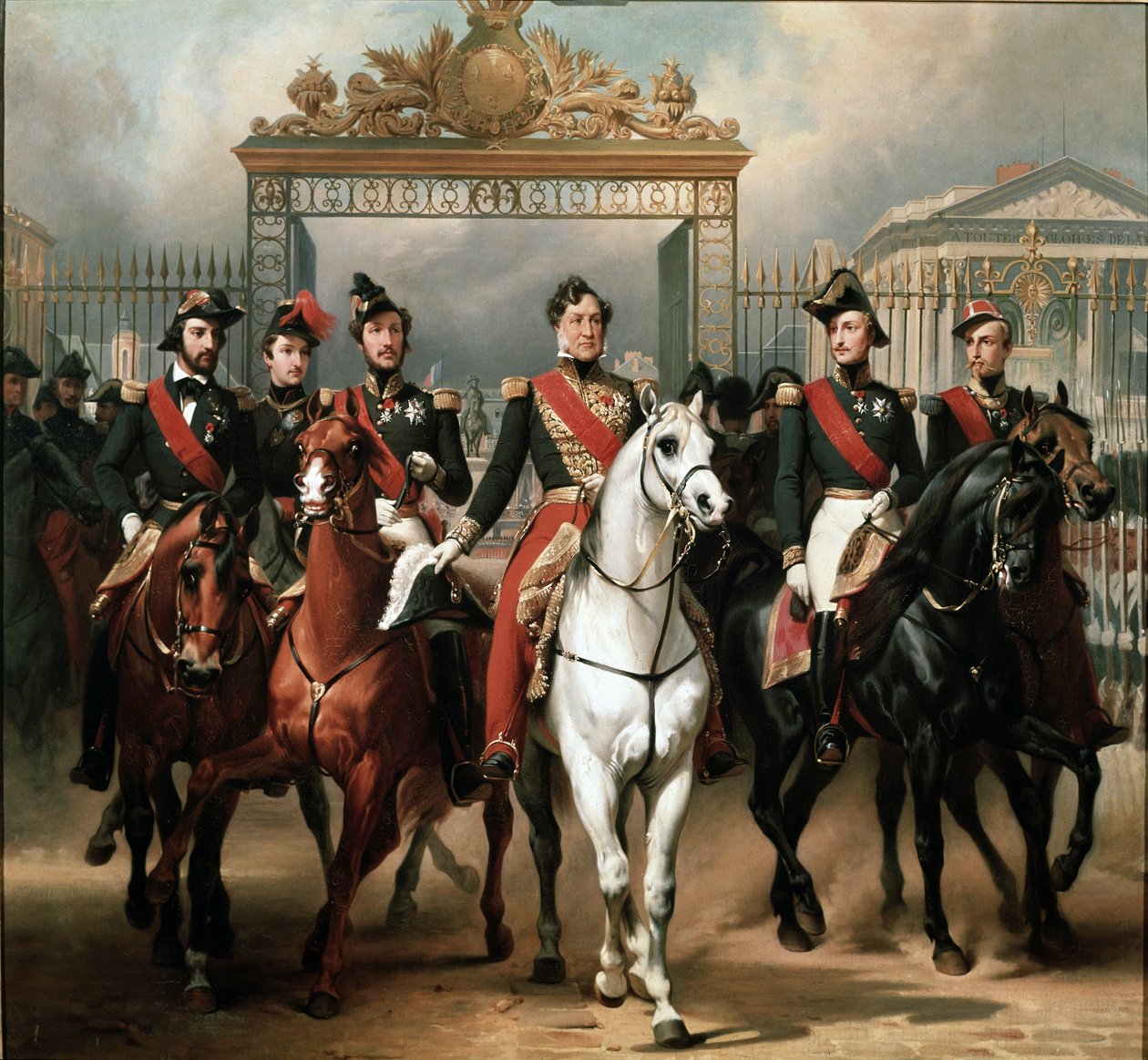 Rei Luís Filipe cercado por seus cinco filhos saindo pelo portão de honra do Palácio de Versalhes após ter passado por uma revista militar nos pátios de Emile Jean Horace Vernet