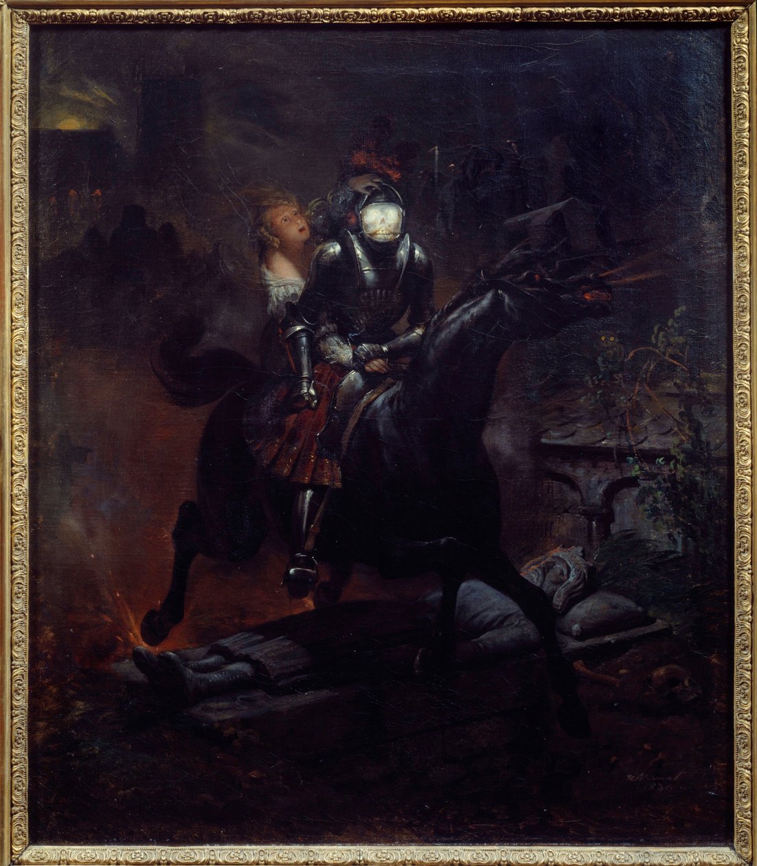 A balada de Leonore Ilustração do poema de Gottfried Burger "Leonore" (1747-1794), A morte no seu cavalo leva Leonore. Pintura de Emile Jean Horace Vernet (1789-1863) 1839 Sun. 0,61x0,55 m Nantes, musee des Beaux Arts de Emile Jean Horace Vernet