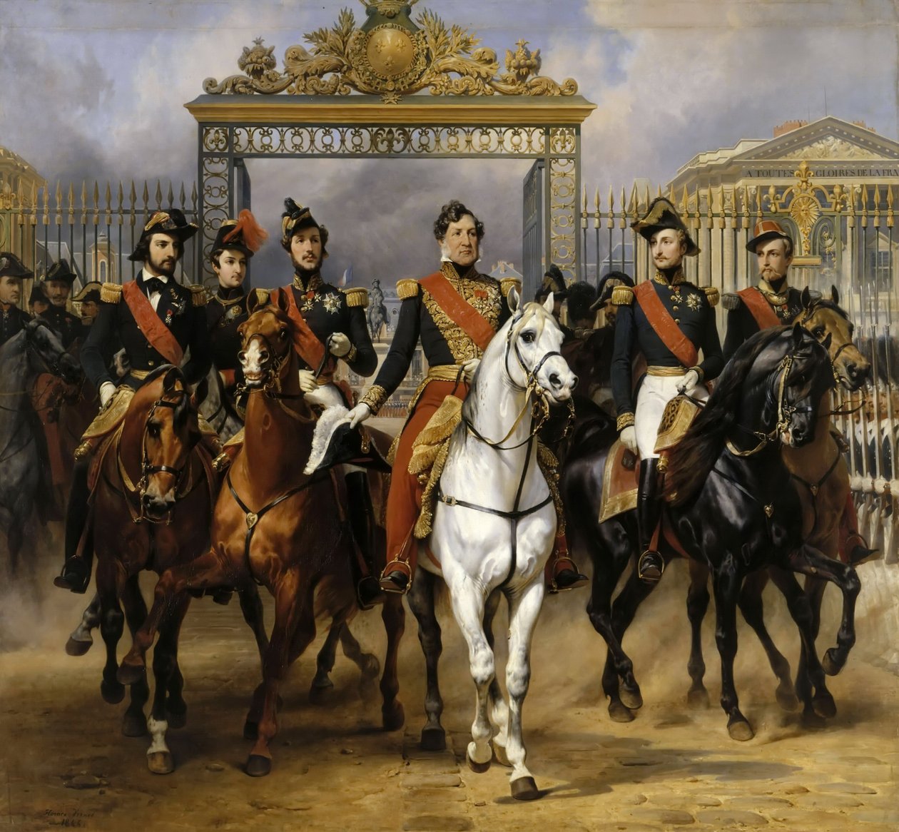 Louis Philippe e seus filhos a cavalo nesta saída Versalhes de bloqueio, 10 de junho de 1837 de Emile Jean Horace Vernet