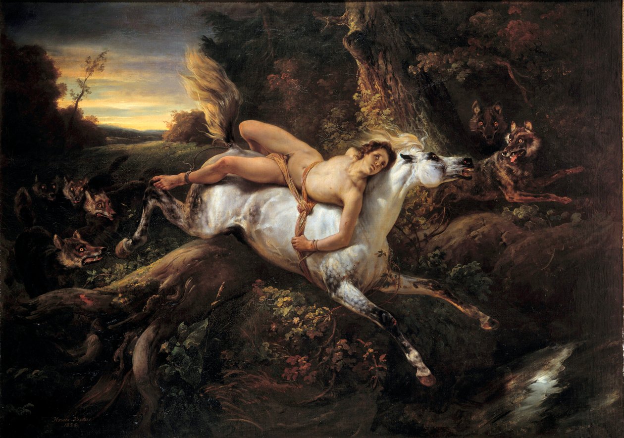 Mazeppa Ilustração para o poema de Lord Byron ou Victor Hugo, o herói Mazeppa, depois de ofender um cavalheiro, está preso a um cavalo selvagem. Pintura de Emile Horace Vernet (1789-1863) Avignon do século XIX, Musee Calvet de Emile Jean Horace Vernet