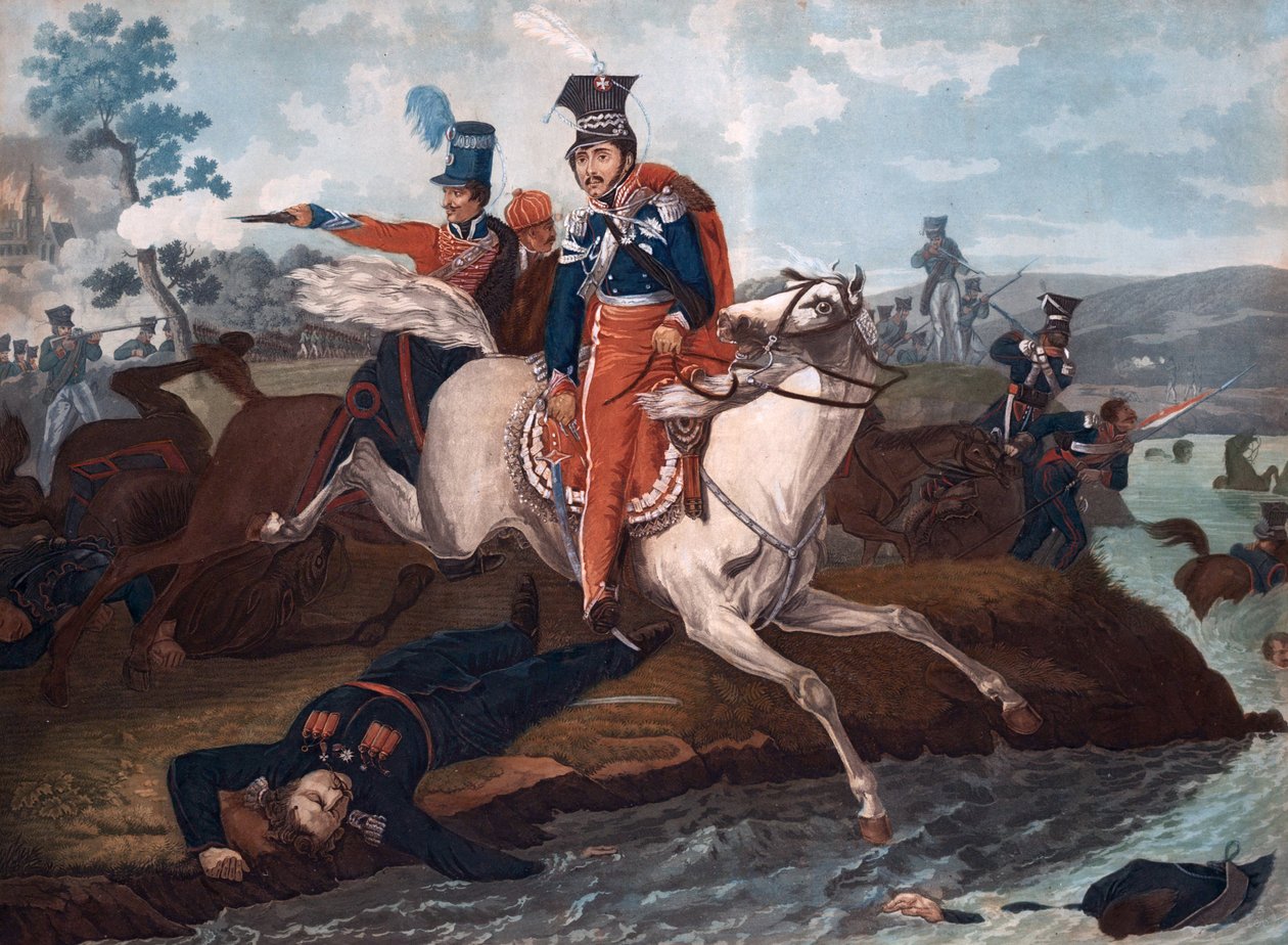 Mort du Prince Jozef Poniatowski (1763-1813)- Morte do Príncipe Jozef Poniatowski na Batalha de Leipzig - Vernet, Horace (1789-1863) - 1820 - Litografia colorida - 40x54,4 - Coleção Privada de Emile Jean Horace Vernet