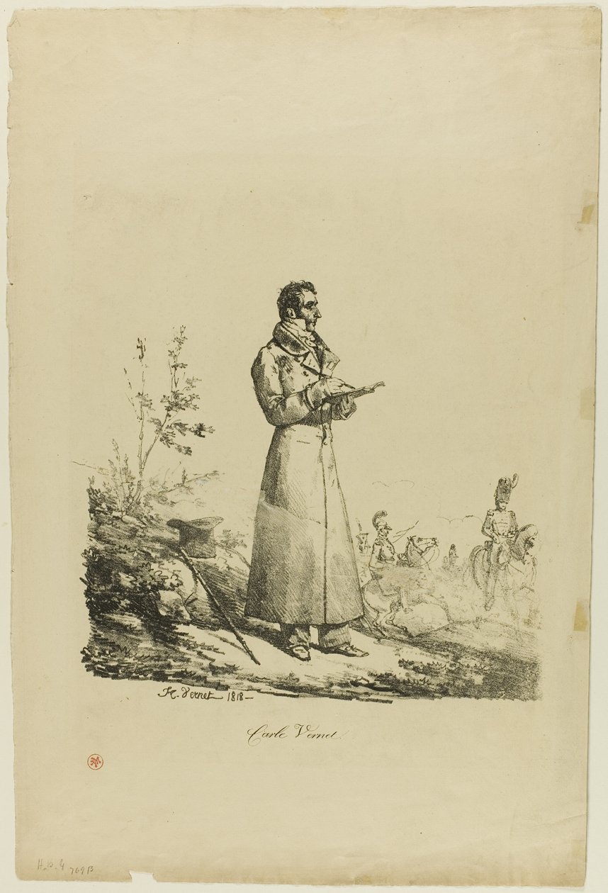 Retrato de Carle Vernet, em pé e desenhando de Emile Jean Horace Vernet