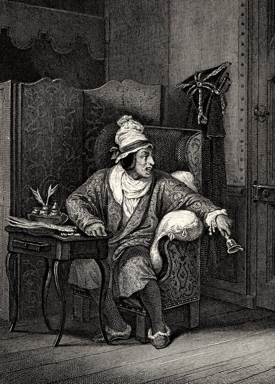 Cena de The Imaginary Invalid de Moliere, de Horace Vernet, gravura - Le Malad imaginaire de Jean-Baptiste Poquelin dit Moliere (1622-1673) de Emile Jean Horace Vernet