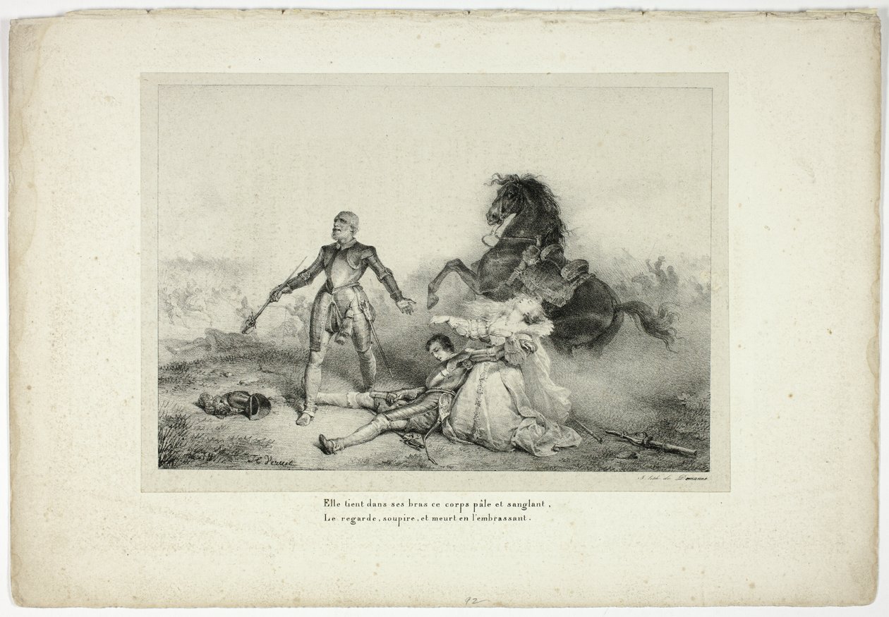 Ela segurava em seus braços o cadáver pálido e sangrento... de Emile Jean Horace Vernet
