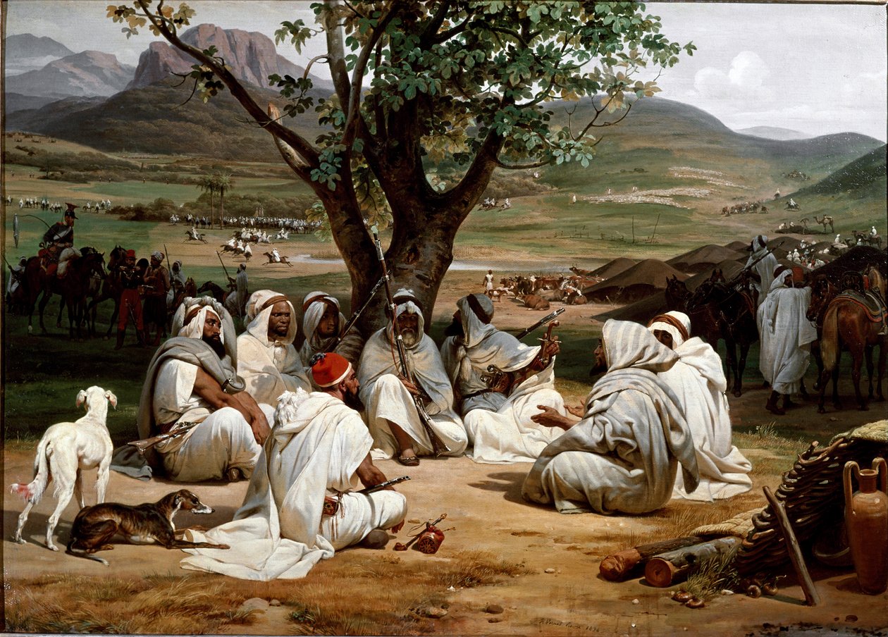 O Parlamentar e o Conselho de Chefes Árabes de Medjeles. Pintura de Antoine Charles Horace Vernet (1758-1836) 1834. Dim. 98x52 cm. Chantilly, Museu do Conde de Emile Jean Horace Vernet
