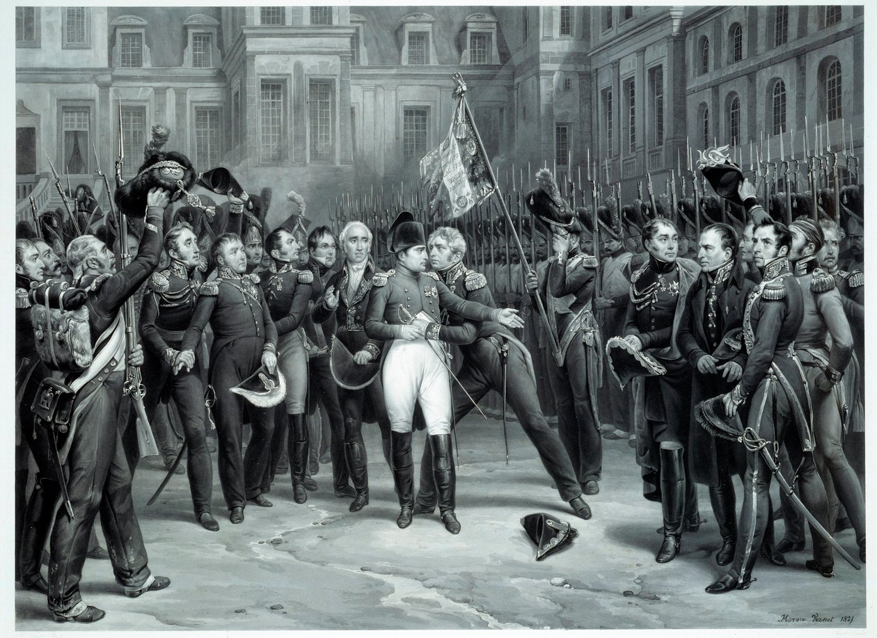 O adeus de Napoleão Bonaparte (1769-1821) à guarda imperiosa no pátio do Cheval Blanc em Fontainebleau 20/04/1814 Gravação de Emile Vernet dit Horace Vernet (1789-1863) 1814 Paris, B.N. de Emile Jean Horace Vernet