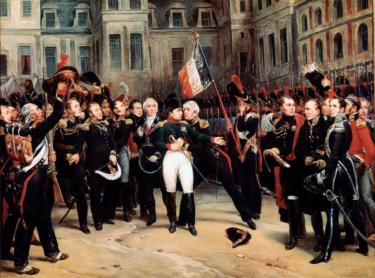 O adeus de Napoleão Bonaparte à Guarda Imperiale, um Fontainebleau de Emile Jean Horace Vernet