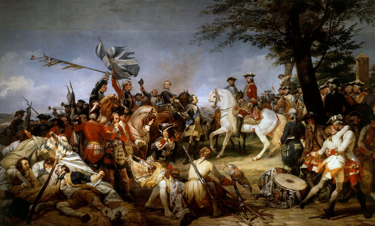 Guerra da Sucessão da Áustria (1740-1748): "A Batalha de Fontenoy 11/05/1745; o Marechal da Saxônia apresentou a Luís XV os prisioneiros e as bandeiras inglesas" Pintura de Emile Horace Vernet (1789-1863) 1828 Sol. 5,1x9,75 m de Emile Jean Horace Vernet