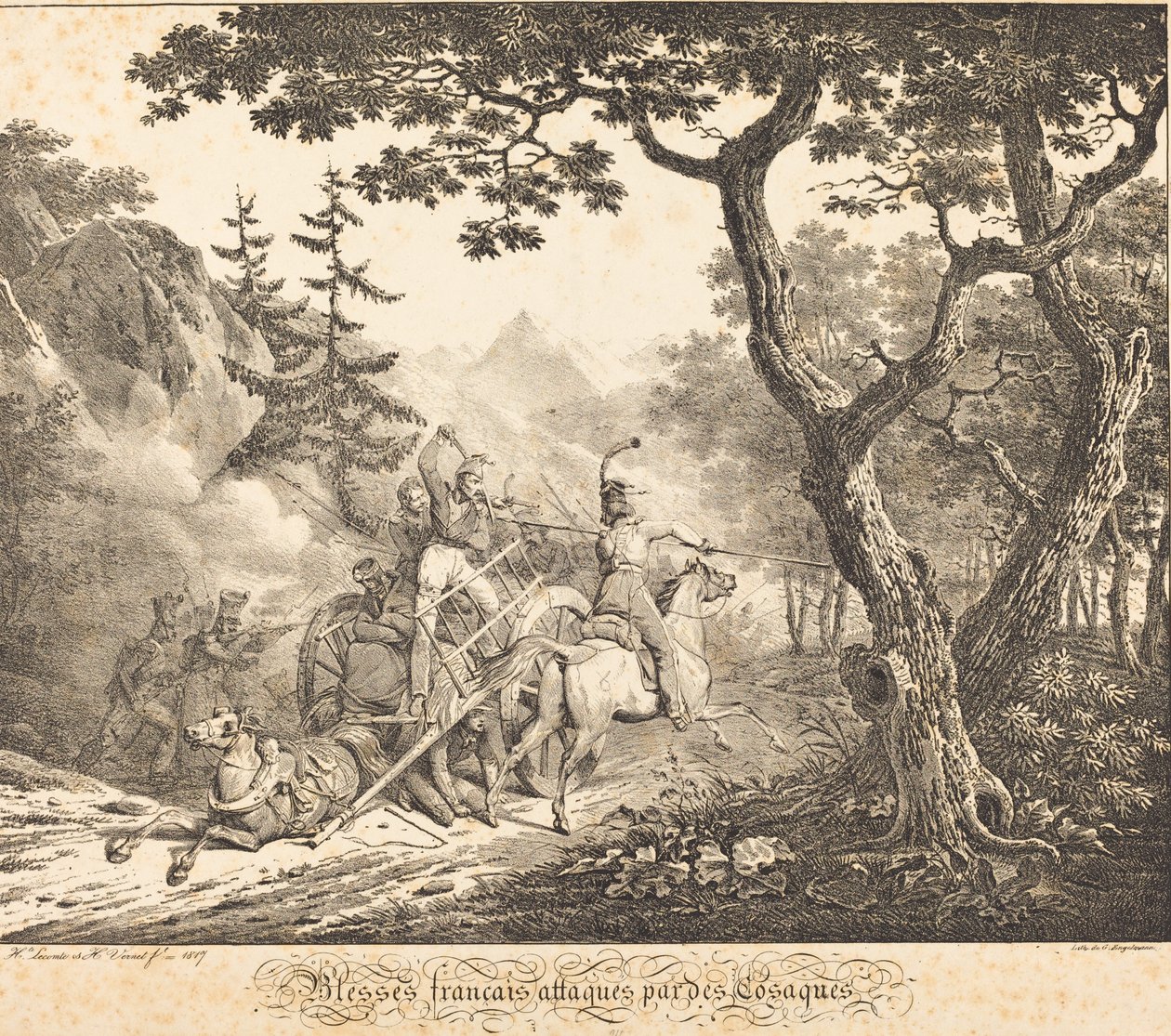 Francês ferido atacado por um cosaco de Horace Vernet and Hippolyte Lecomte