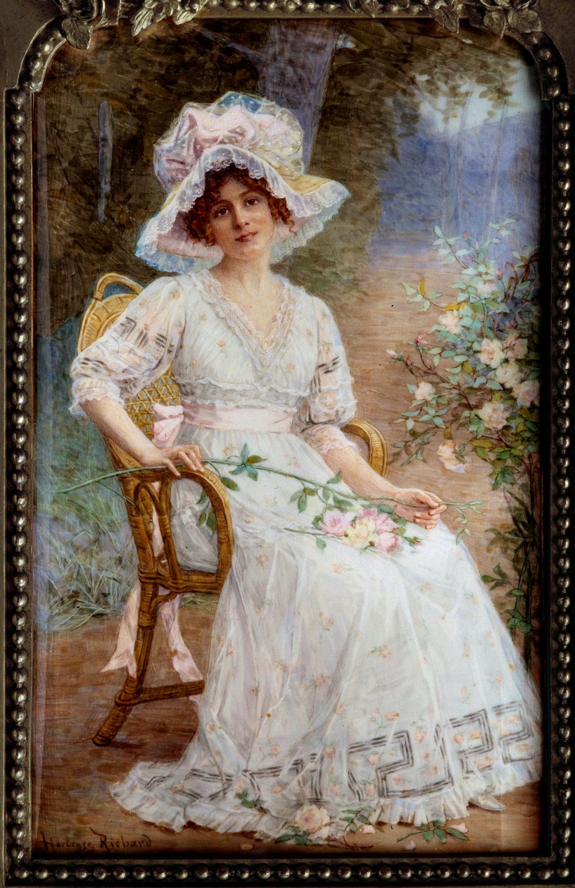 Jovem sentada no jardim Miniatura em marfim de Hortense Richard (1860-após 1939) Sol do século XX. 0,24x0,15m de Hortense Richard