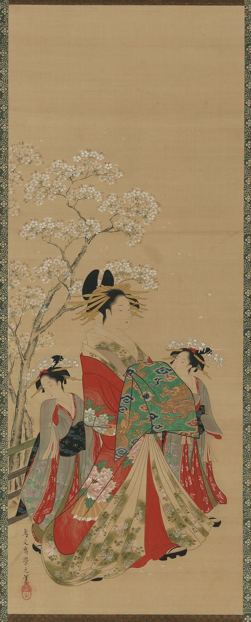 Belezas das Estações - Primavera, Período Edo, final do século XVIII a princípios do século XIX (tinta, cor e ouro na seda) de Hosoda Eishi