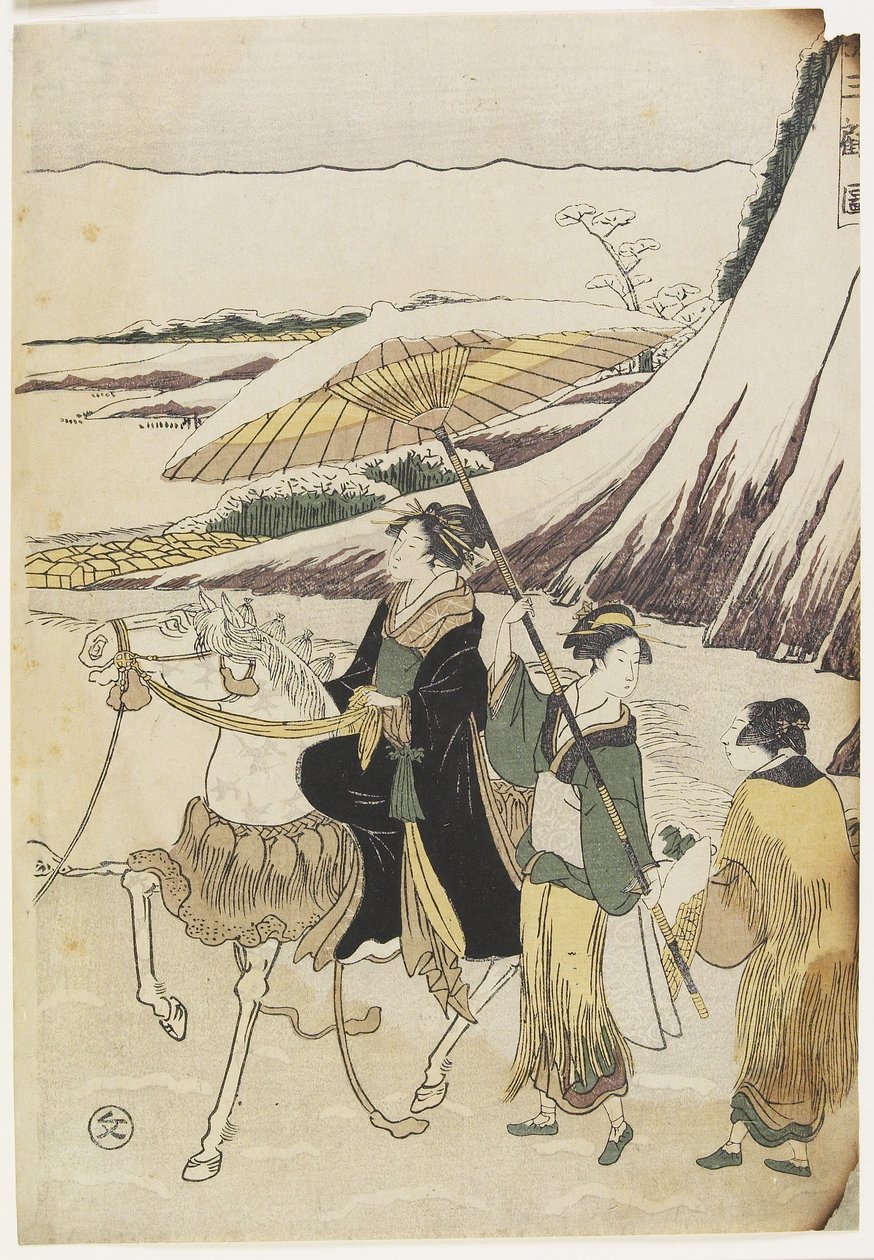 Três mulheres viajando através de um barranco, 1794-96 (impressão xilogravura colorida) de Hosoda Eiri
