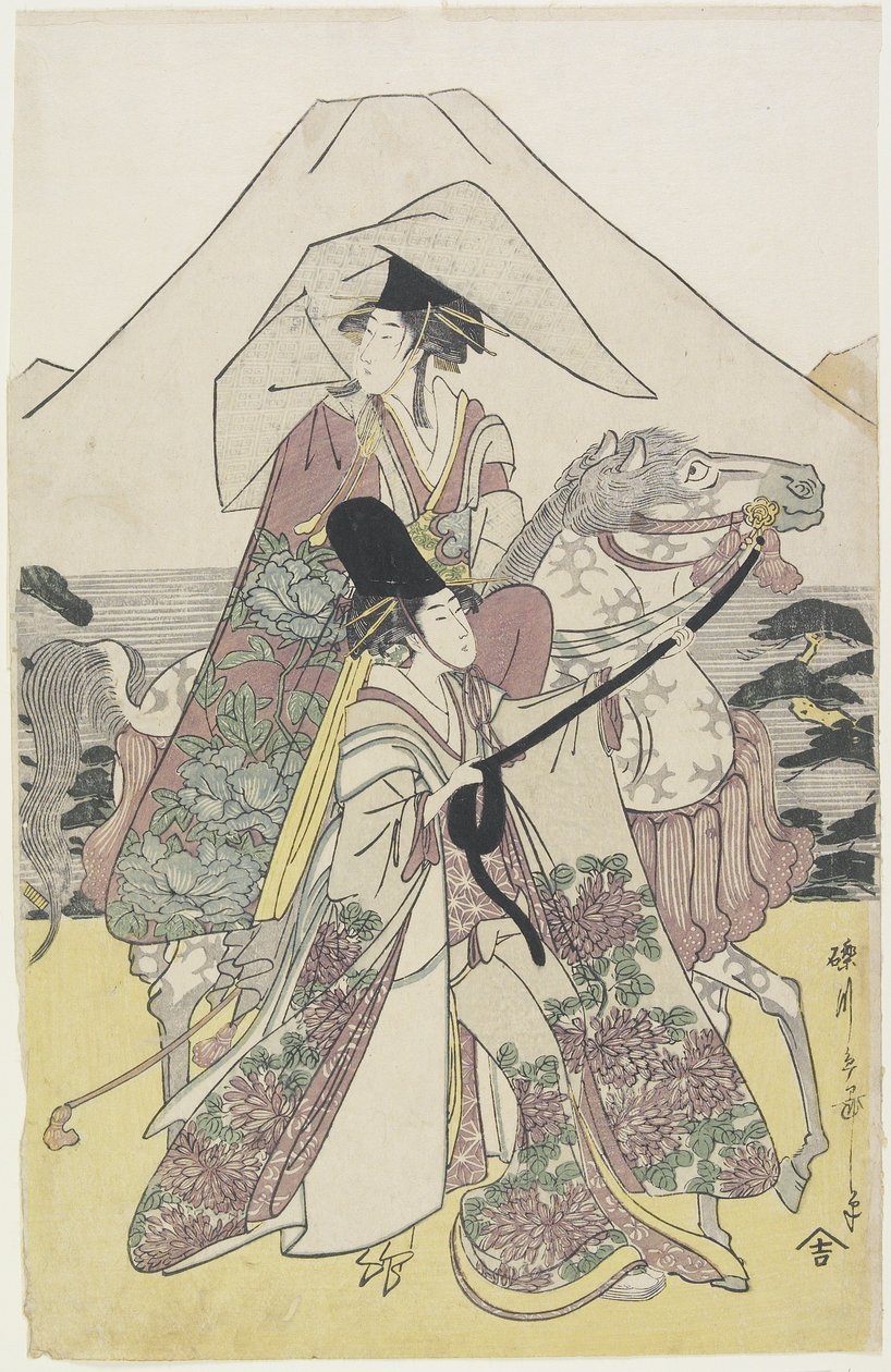 Duas mulheres viajando de cavalo ao pé do Monte. Fuji, c.1790s (impressão de woodblock de cor) de Hosoda Eiri