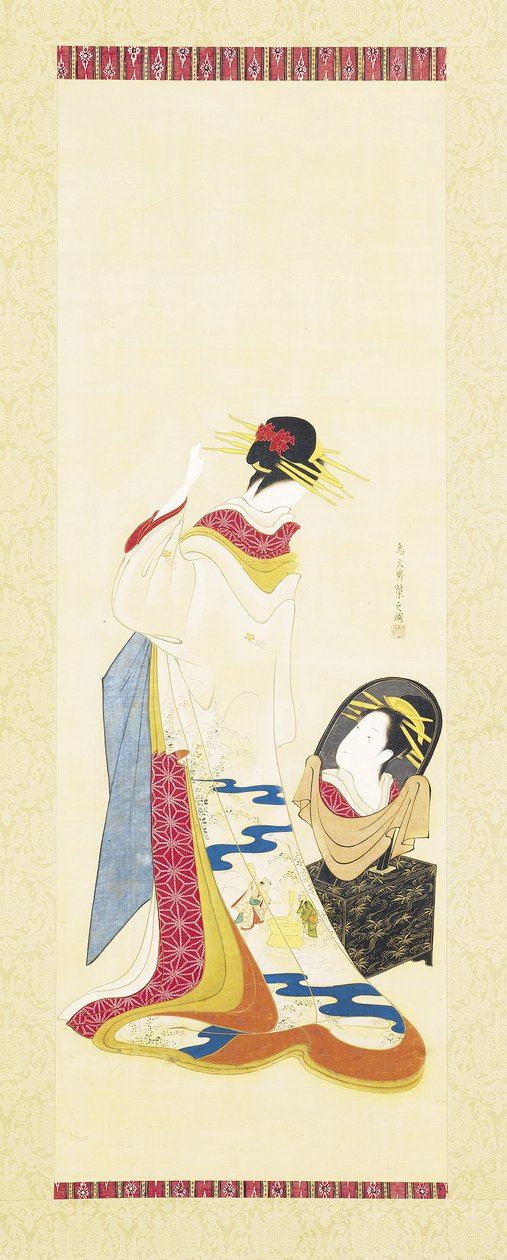 Um Olhar de Beleza Num Espelho (tinta e cor na seda) de Hosoda Eishi