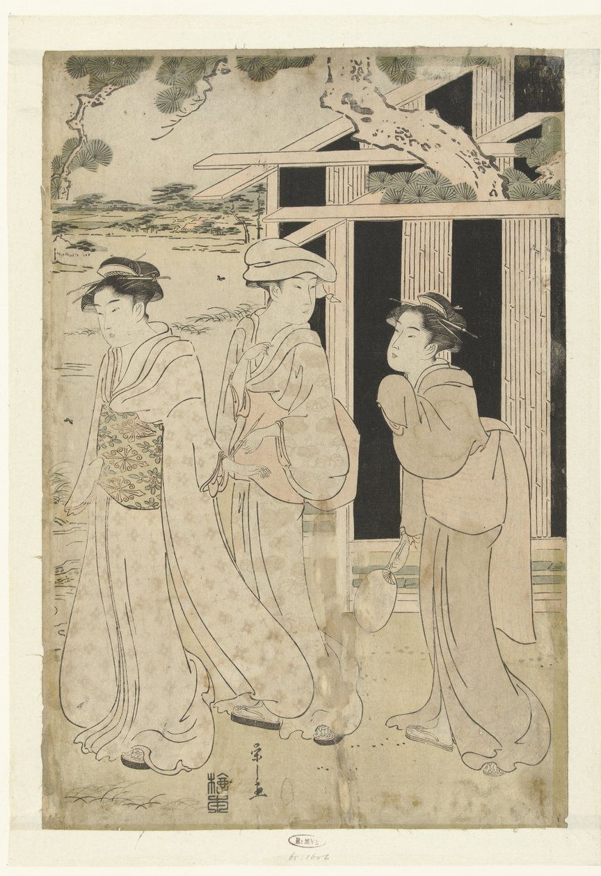 Três mulheres a caminhar junto ao lago de Hosoda Eishi