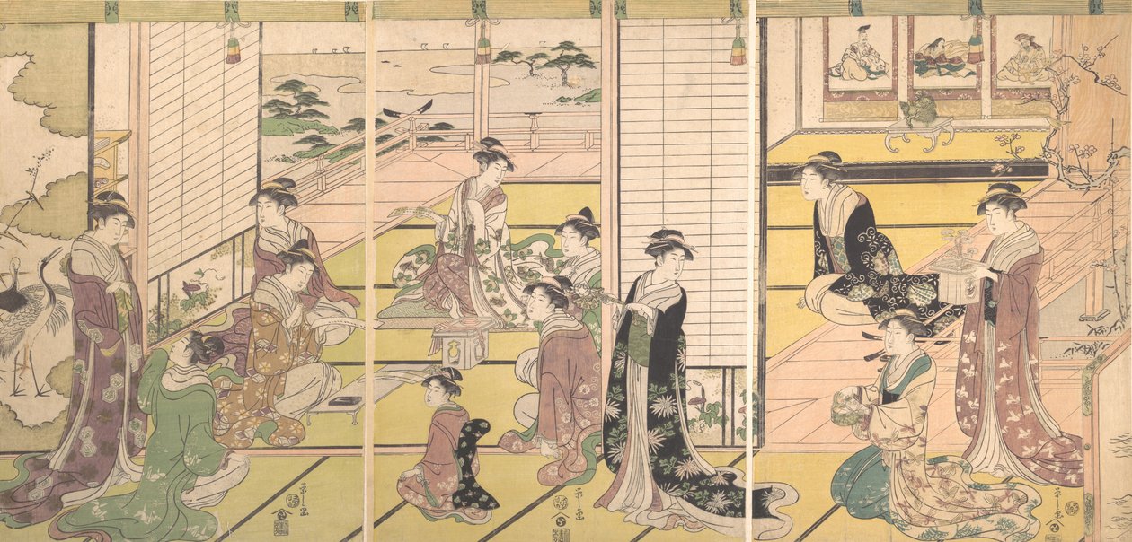 Honrando os Três Deuses da Poesia: Mulheres Compondo Poemas, ca. 1792. de Hosoda Eishi