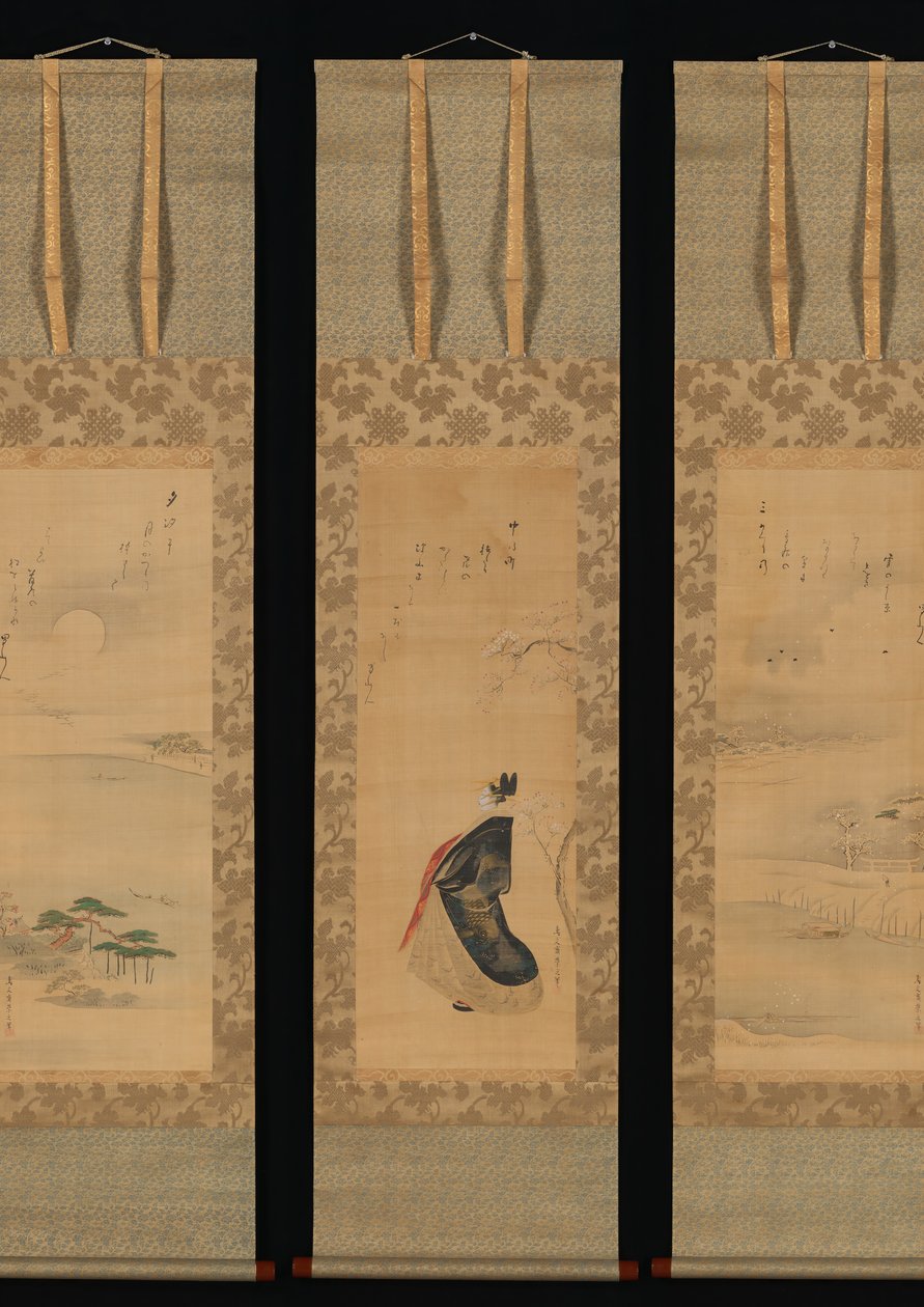 Neve, Lua e Flores de Cerejeira Yoshiwara em Três Estações, início do século XIX. de Hosoda Eishi