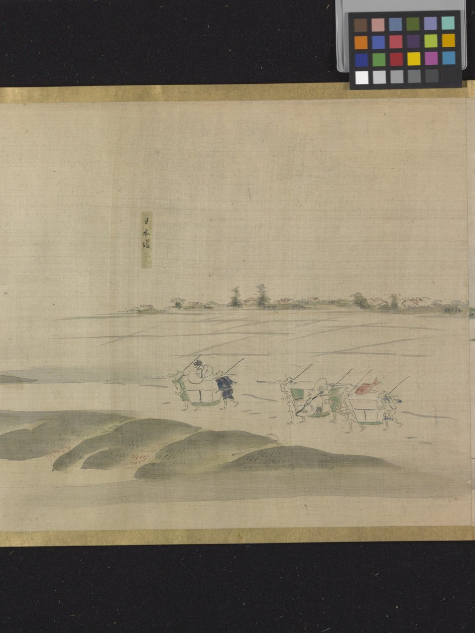 Três Deuses da Boa Fortuna Numa Saída de Prazer (tinta e cores claras sobre papel) de Hosoda Eishi