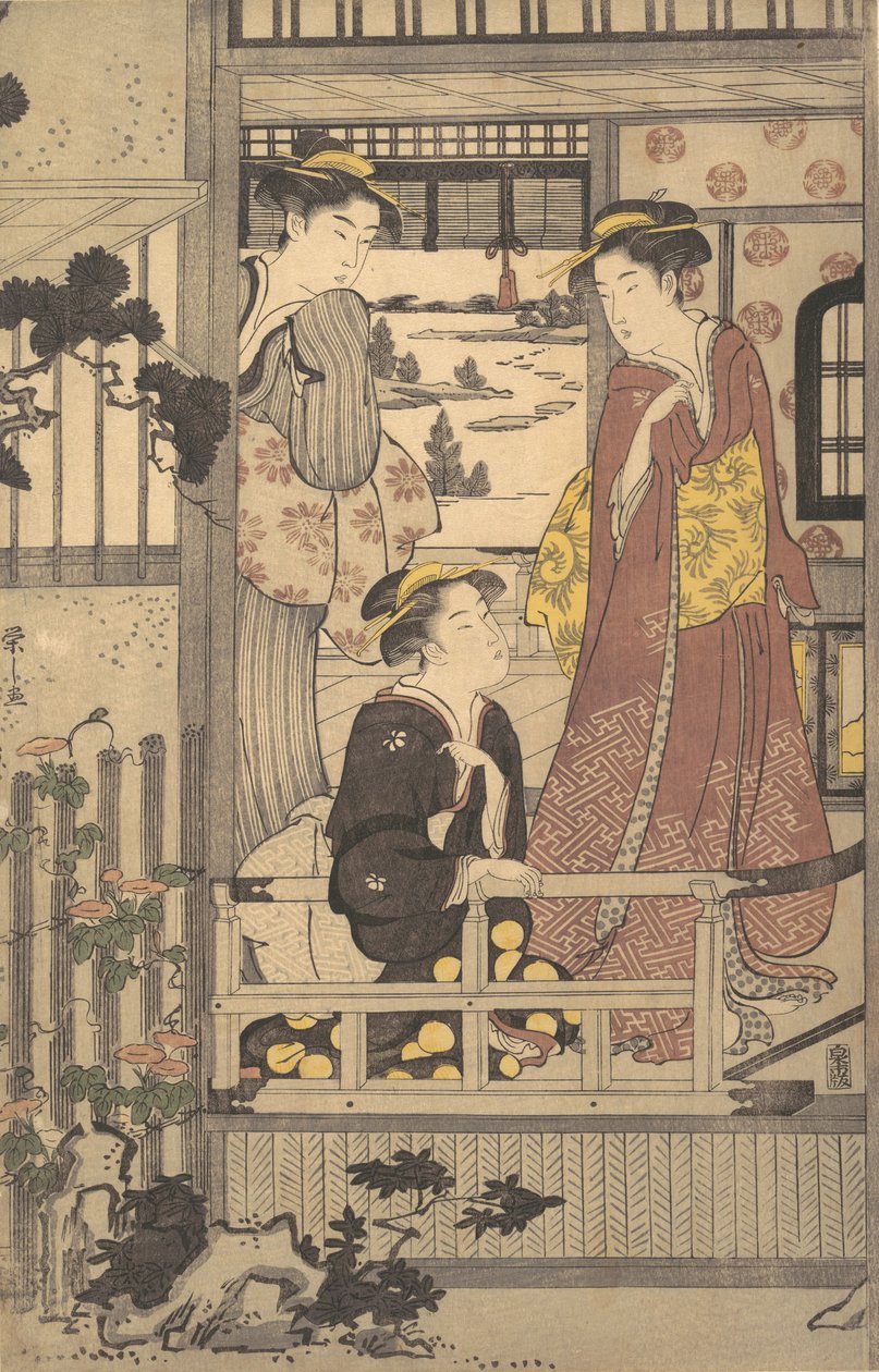 Três mulheres em uma varanda, 1756-1829. de Hosoda Eishi