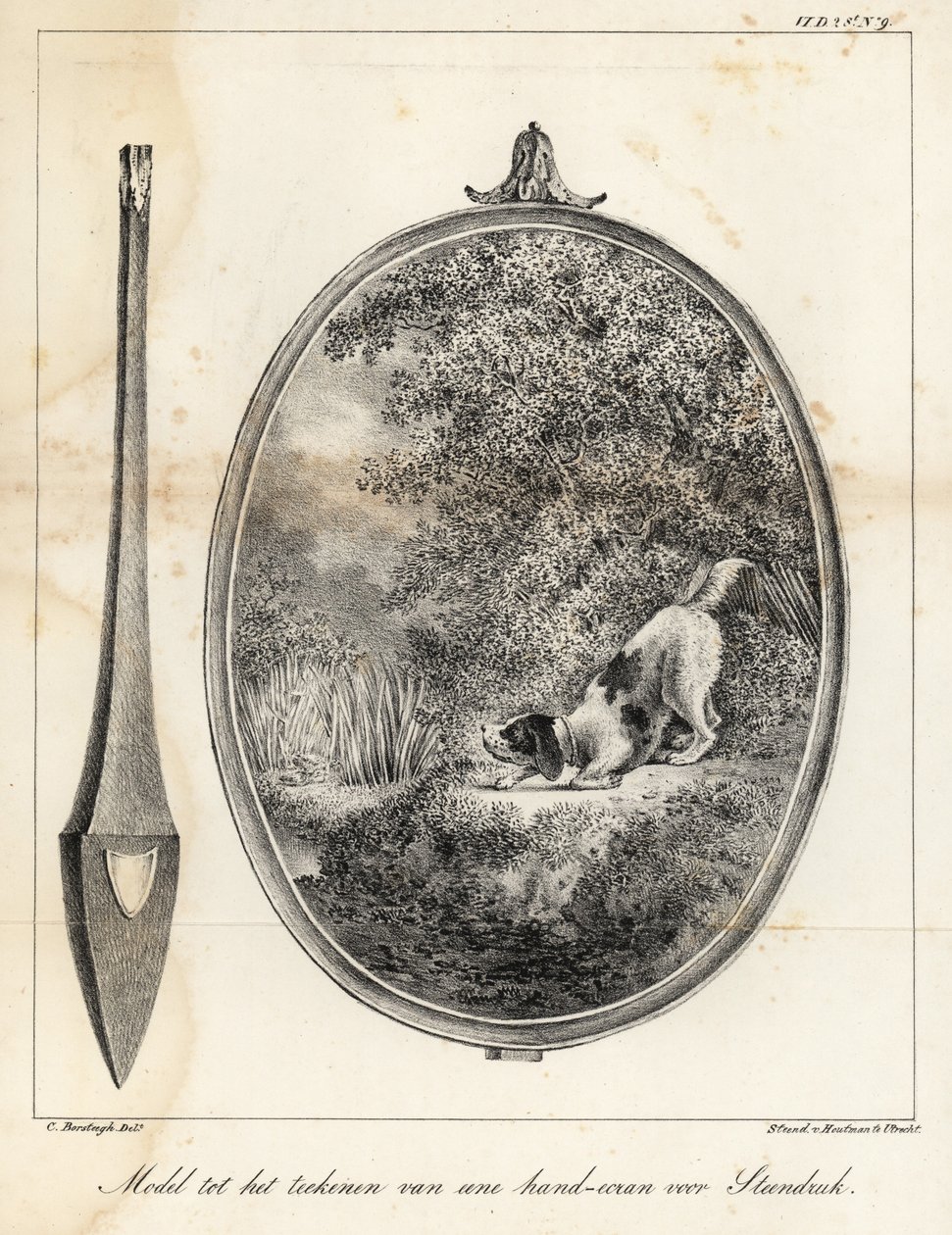 Modelo para um desenho para um ecrã bordado à mão mostrando um cão na margem de um rio de Houtman Van