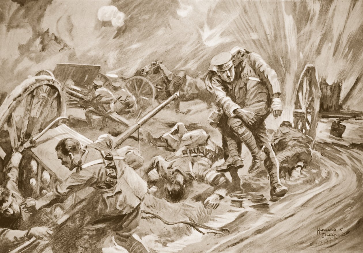 Capitão W. Allen ajudando homens feridos pela explosão de munição após ser ferido de Howard K. Elcock