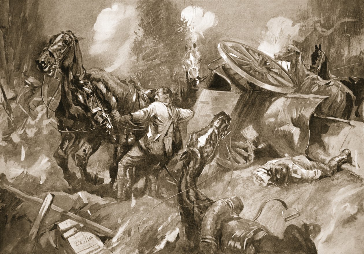Motorista Tanser desembaraçando cavalos sob fogo pesado de Howard K. Elcock