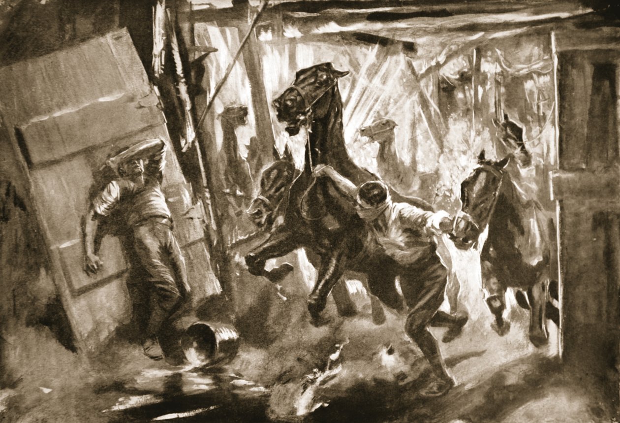 Sargento-Sargento Provisório Cussens soltando cavalos de estábulos nos quais uma casca havia estourado de Howard K. Elcock