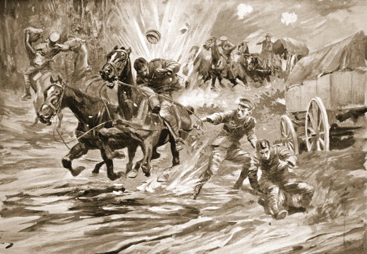 O sargento Bostock atendendo aos feridos de um comboio de que ele estava no comando sob fogo pesado de Howard K. Elcock