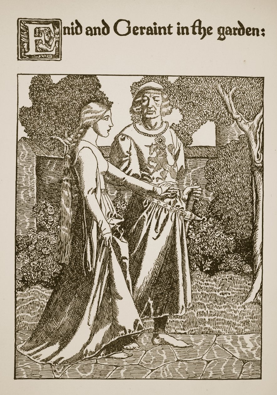 Enid e Geraint no Jardim, ilustração de "A História do Graal e a Passagem de Arthur", c.1910 de Howard Pyle