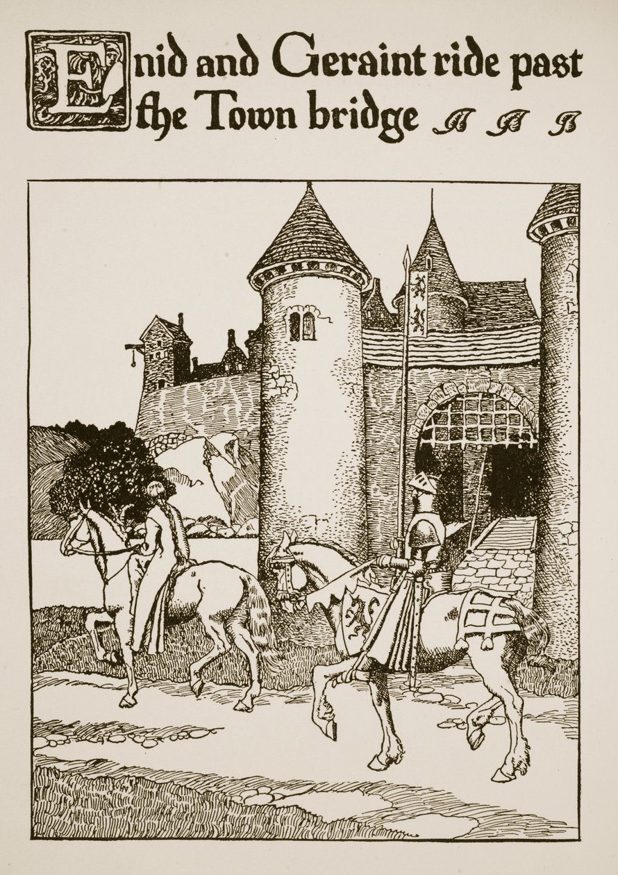 Enid e Geraint passam pela Ponte da Cidade, ilustração de "A História do Graal e a Passagem de Arthur", c.1910 de Howard Pyle