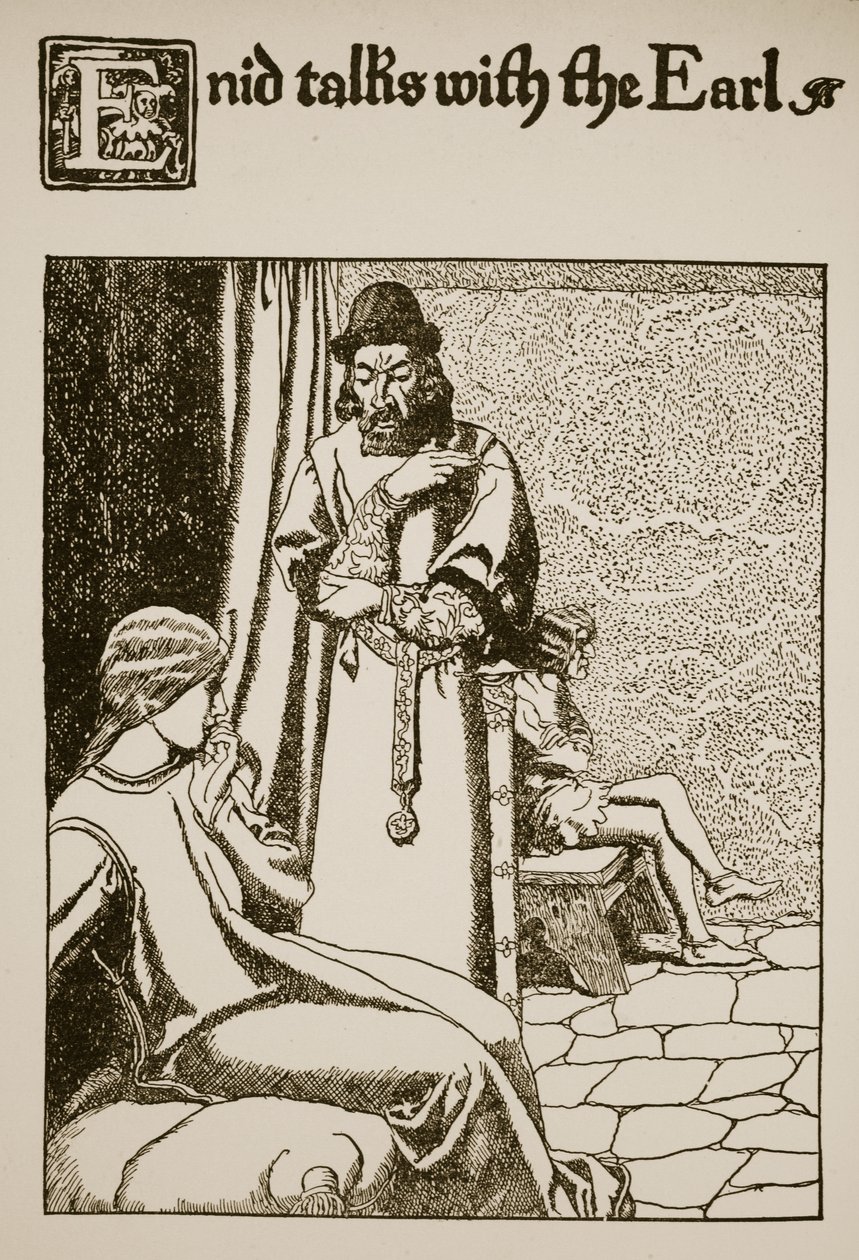 Enid fala com o Conde, ilustração de "A História do Graal e a Passagem de Arthur", c.1910 de Howard Pyle