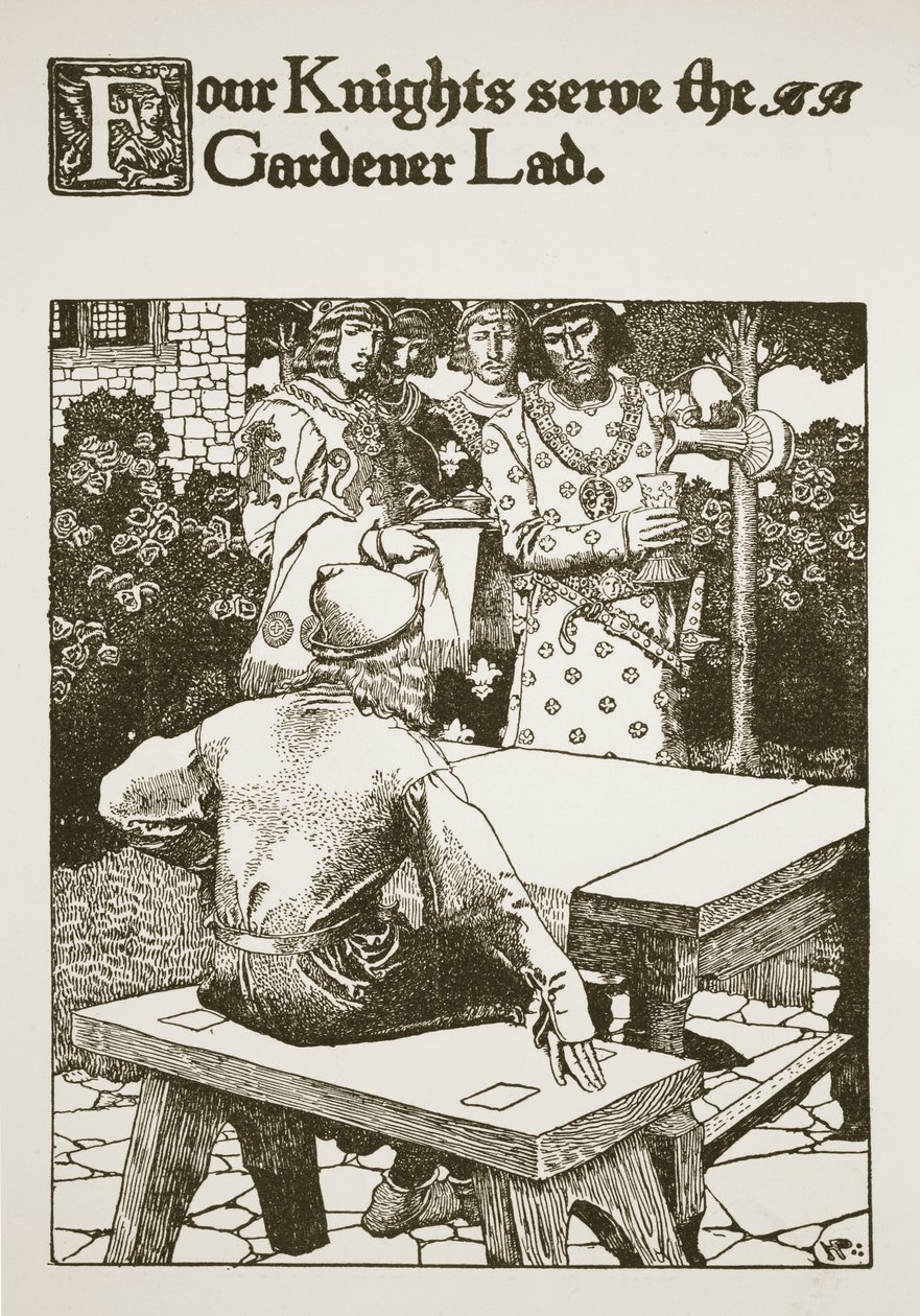 Quatro cavaleiros servem o jardineiro rapaz, ilustração de &39;a história do rei Arthur e seus cavaleiros&39;, 1903 de Howard Pyle