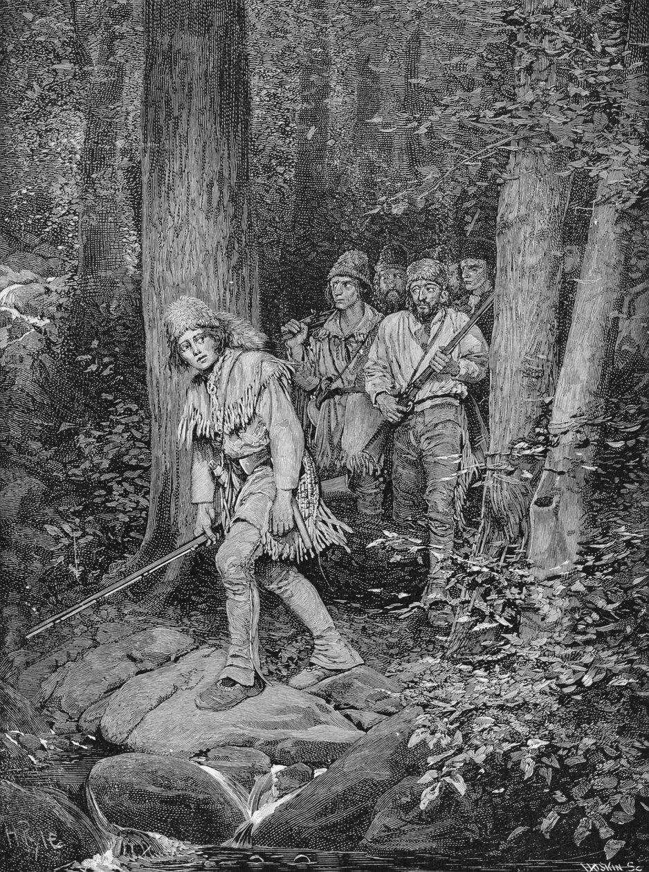 Joseph Brown Liderando sua empresa para Nicojack, a fortaleza dos Chickamaugas, gravada por Robert Hoskin, ilustração de "O Portal do Sul para os Alleghanies" por Edmund Kirke, pub. em Harper de Howard Pyle