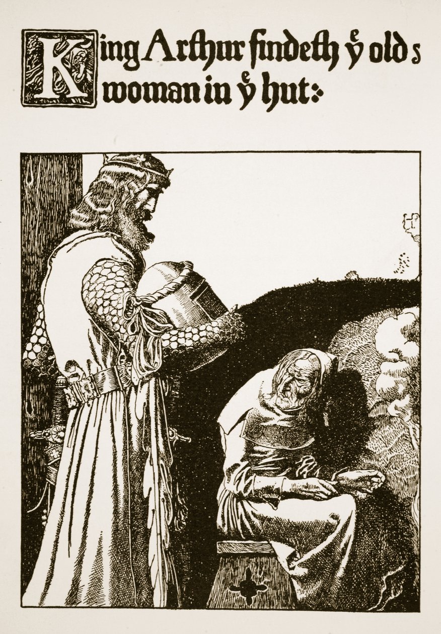 O rei Arthur encontra a velha senhora em sua cabana, ilustração de "A história do rei Artur e seus cavaleiros", 1903 de Howard Pyle