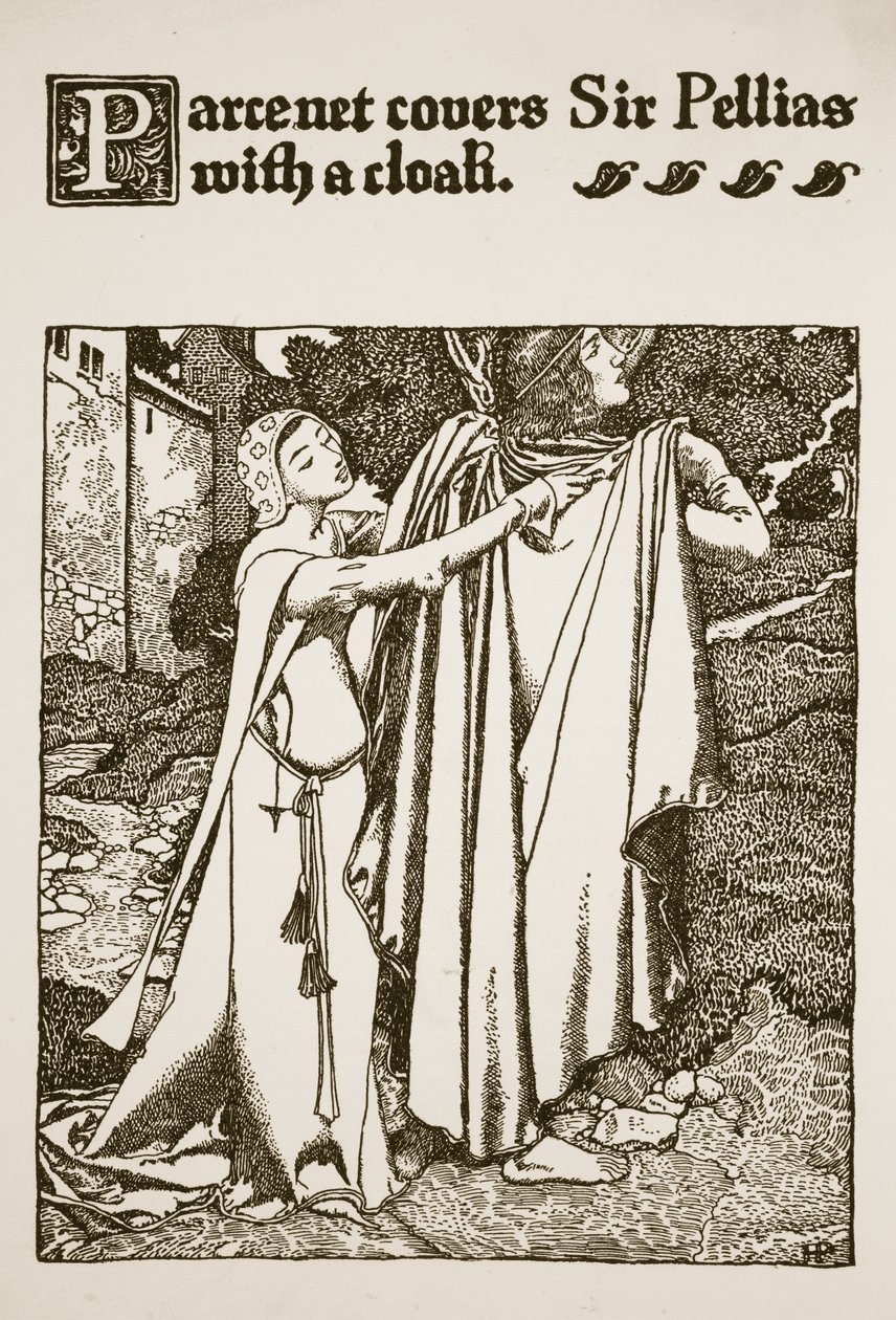 Parcenet cobre Sir Pellias com uma capa, ilustração de "A História do Rei Arthur e seus Cavaleiros", 1903 de Howard Pyle