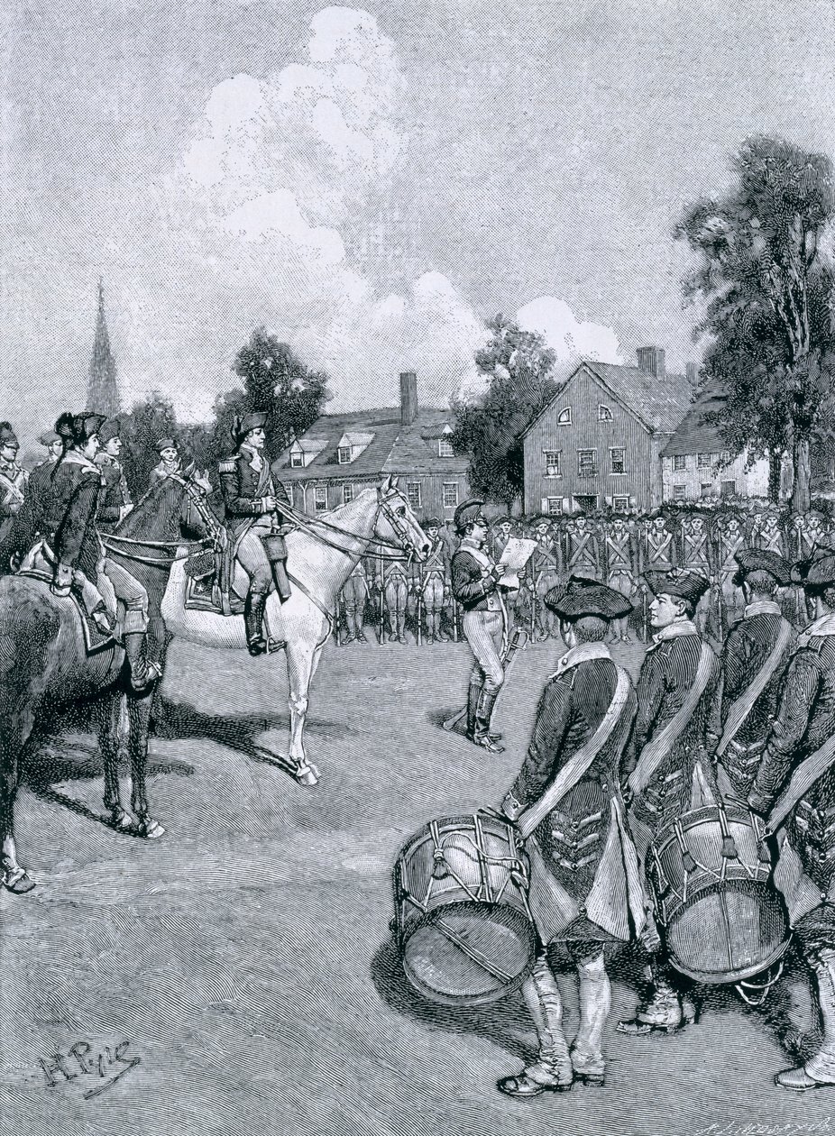 Lendo a declaração antes do exército de Washington, New York, o 9 de julho de 1776, ilustração de “como a declaração foi recebida nos anos treze velhos” por Charles D. Deshler, bar. na revista Harper&39;s, 1 de Howard Pyle