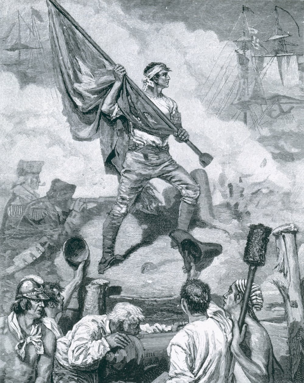 Sargento Jasper na batalha do forte Moultrie, o 28 de junho de 1776, ilustração "do alvorecer da independência" por Thomas Wentworth Higginson, bar. em Harper&39;s Magazine, 1883 (lito) de Howard Pyle