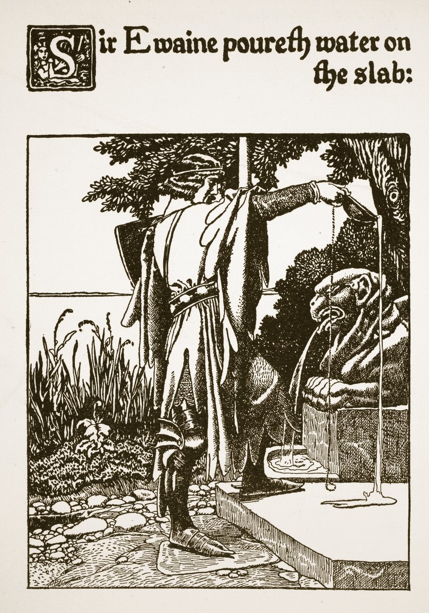 Sir Ewaine derrama água na laje, ilustração de "A história de Sir Lancelotte e seus companheiros", 1907 de Howard Pyle
