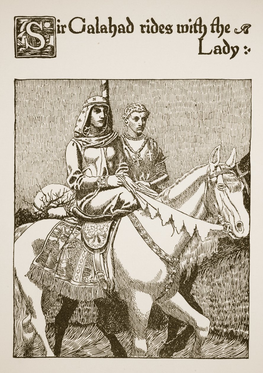 Sir Galahad cavalga com a Senhora, ilustração de "A História do Graal e a Passagem de Arthur", c.1910 de Howard Pyle