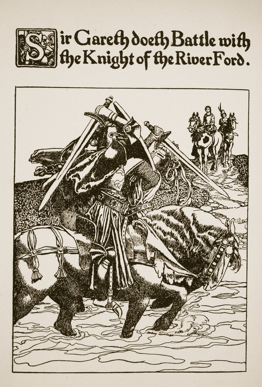 Sir Gareth doeth batalha com o cavaleiro do rio Ford, ilustração de "a história de Sir Lancelotot e seus companheiros", 1907 de Howard Pyle