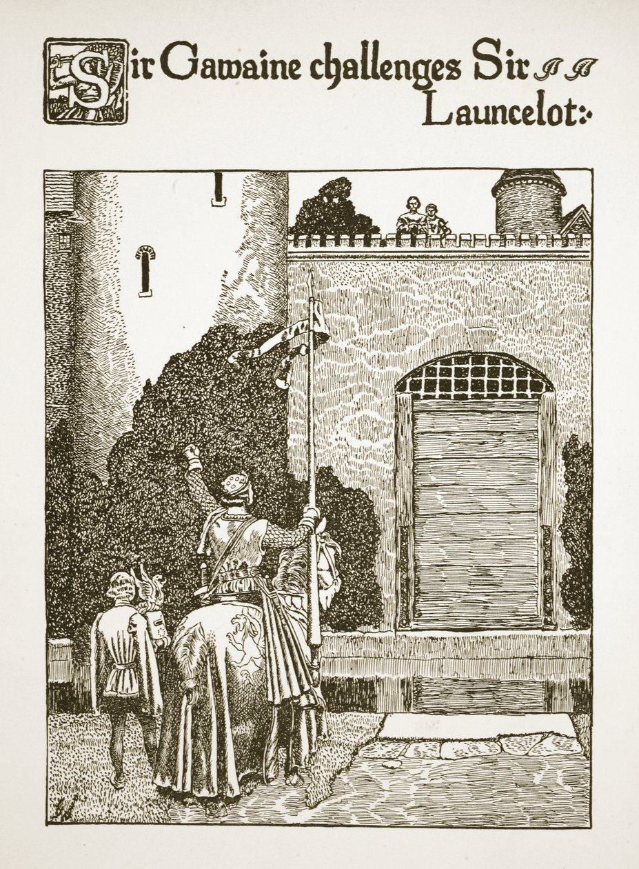 Sir Gawaine desafia Sir Lancelote, ilustração de "A História do Graal e a Passagem de Arthur", c.1910 de Howard Pyle