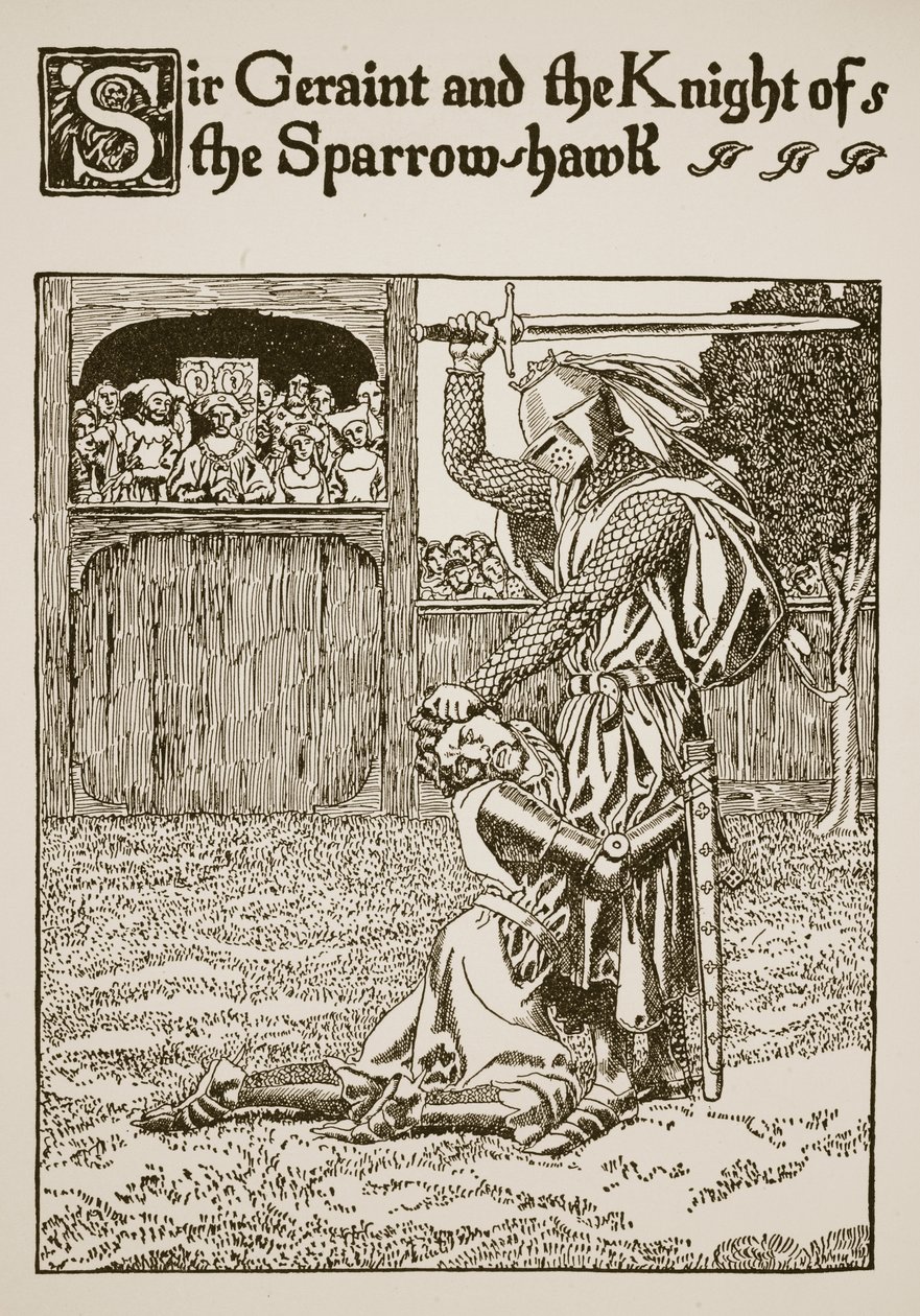 Sir Geraint e o Cavaleiro do Gavião-pardal, ilustração de "A História do Graal e a Passagem de Arthur", c.1910 de Howard Pyle