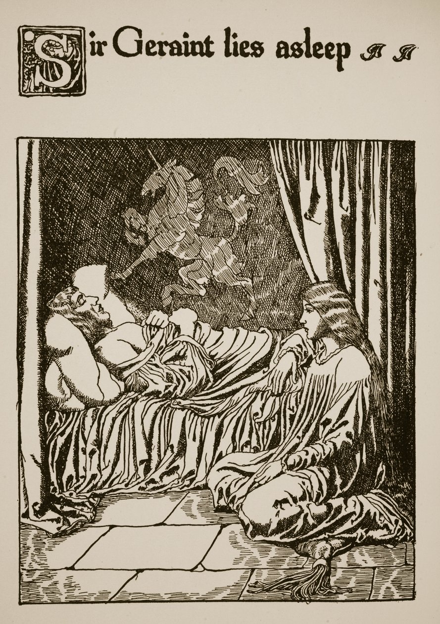 Sir Geraint está dormindo, ilustração de "A História do Graal e a Passagem de Arthur", c.1910 de Howard Pyle