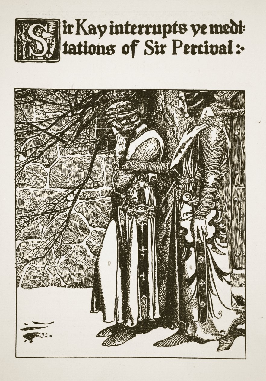 Sir Kay interrompe meditações de Sir Percival, ilustração de "A História dos Campeões da Mesa Redonda" de Howard Pyle