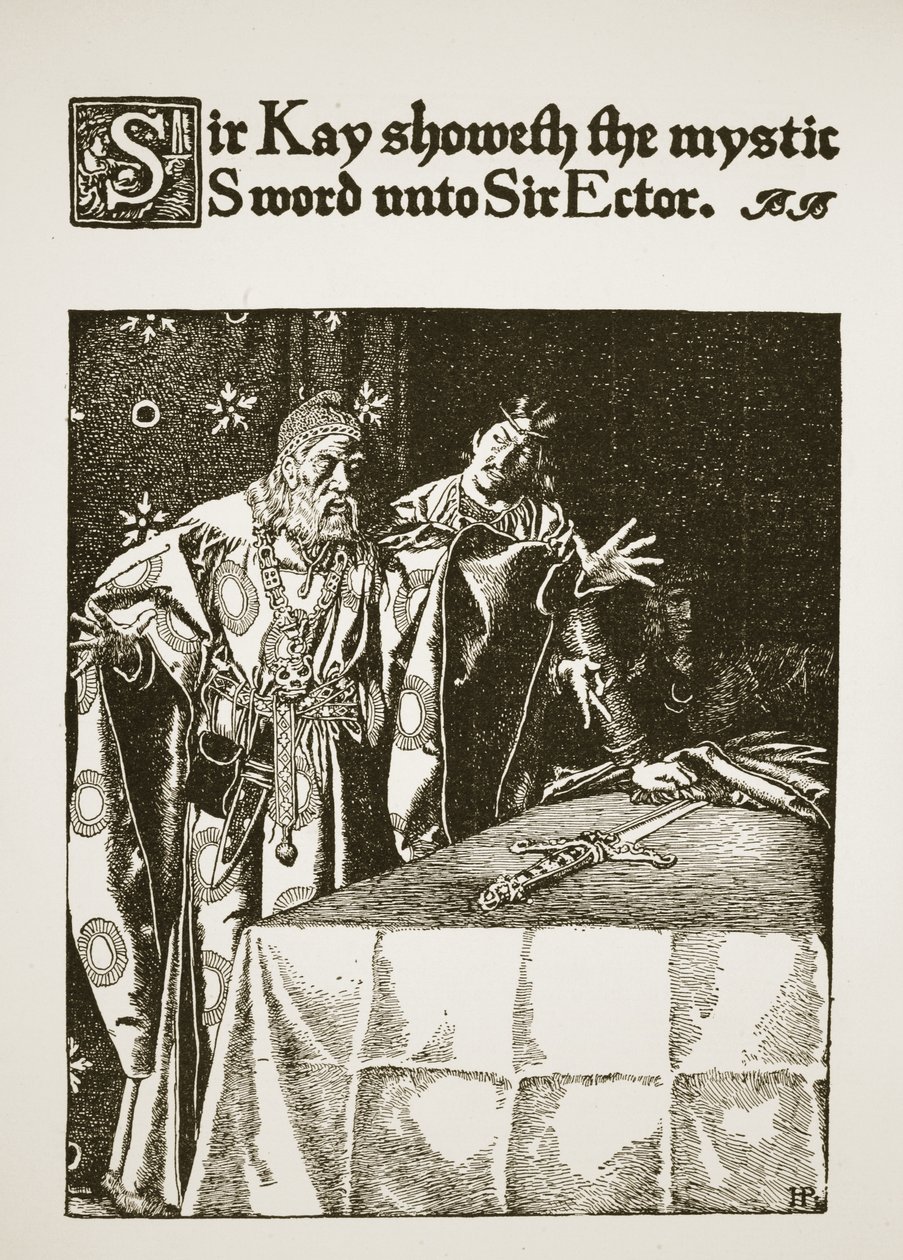Sir Kay mostra a Espada Mística para Sir Ector, ilustração de "A História do Rei Arthur e seus Cavaleiros", 1903 de Howard Pyle