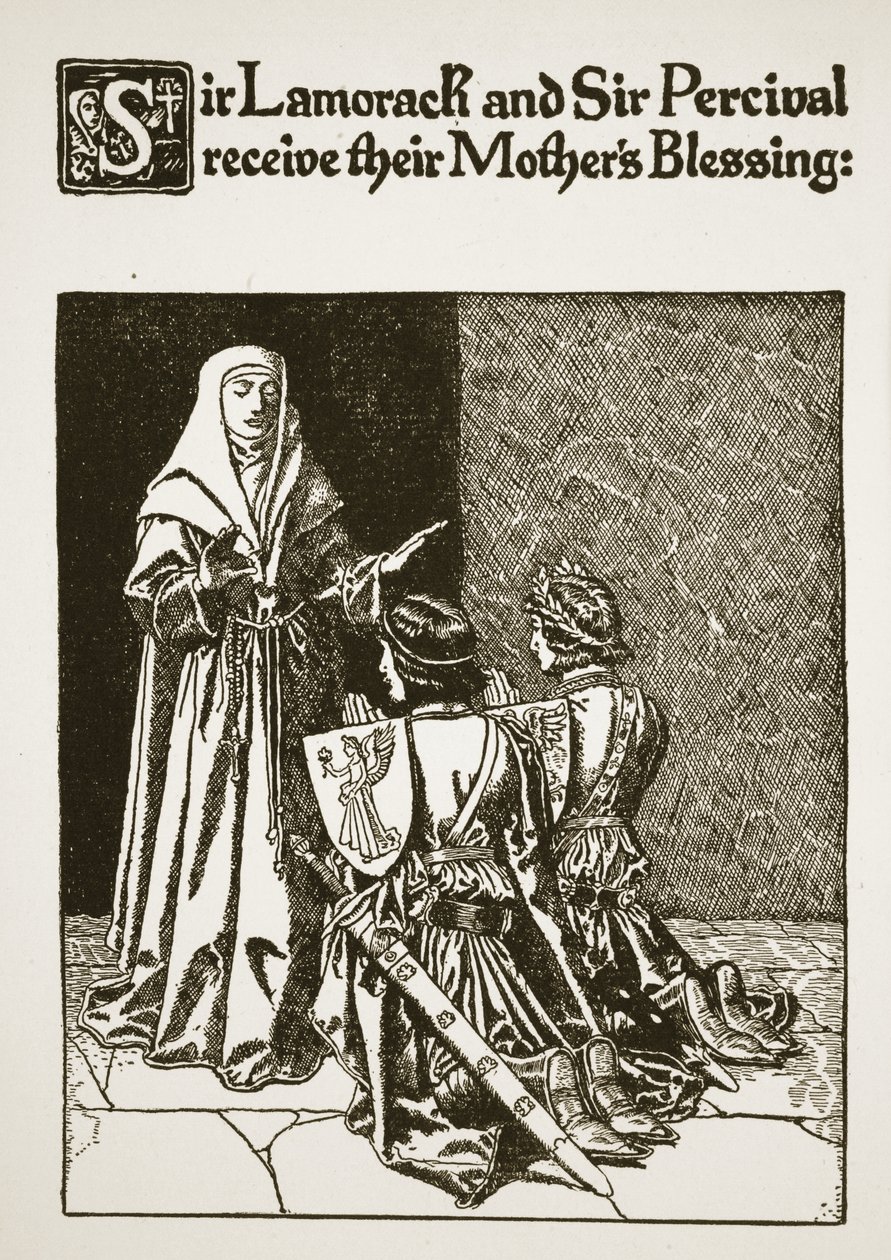 Sir Lamorack e Sir Percival recebem a Bênção da Mãe, ilustração de "A História de Sir Lancelotot e seus Companheiros", 1907 de Howard Pyle