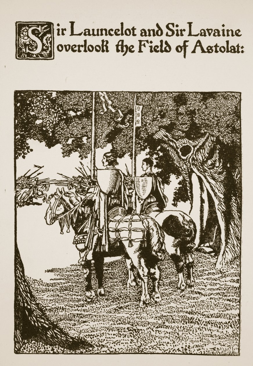 Sir Lancelot e Sir Lavaine têm vista para o Campo de Astolat, ilustração de "A História de Sir Lancelotte e seus Companheiros", 1907 de Howard Pyle