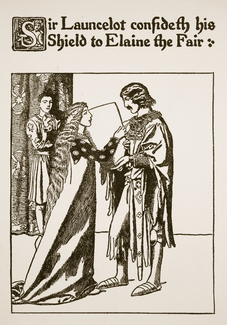 Sir Lancelotot confidencia seu escudo a Elaine, a Feira, ilustração de "A História de Sir Lancelotte e seus Companheiros", 1907 de Howard Pyle