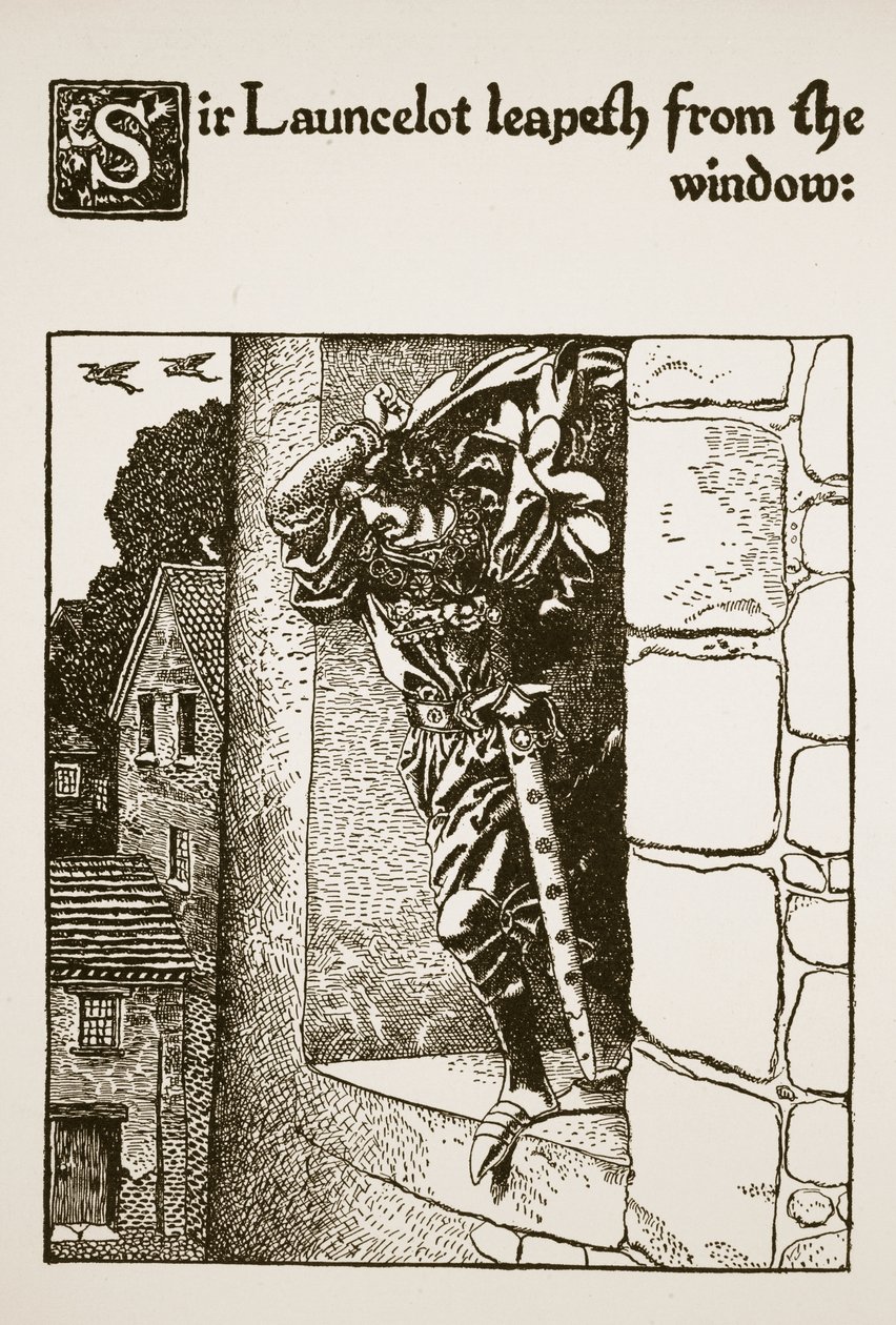 Sir Lancelote salta da janela, ilustração de "A História de Sir Lancelotte e seus Companheiros", 1907 de Howard Pyle
